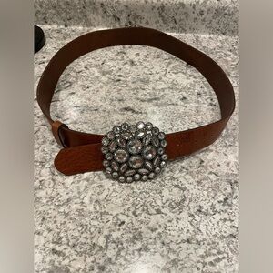 Chinese Laundry Boho Brown Leather Belt oval Rhinestone Buckle Sz Large